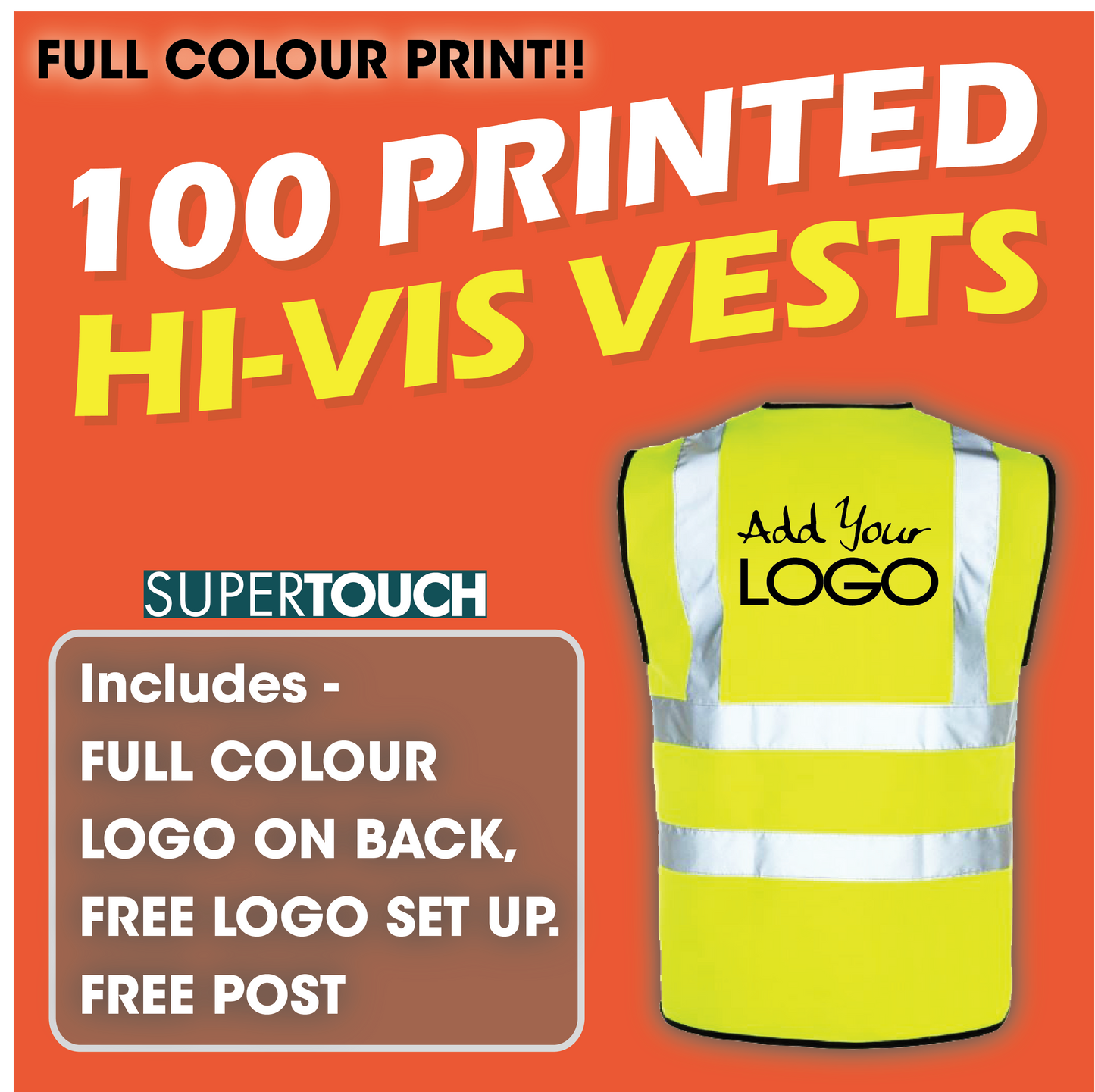 100 x Hi Vis Vest - Incl. Full Colour Logo + FREE Delivery
