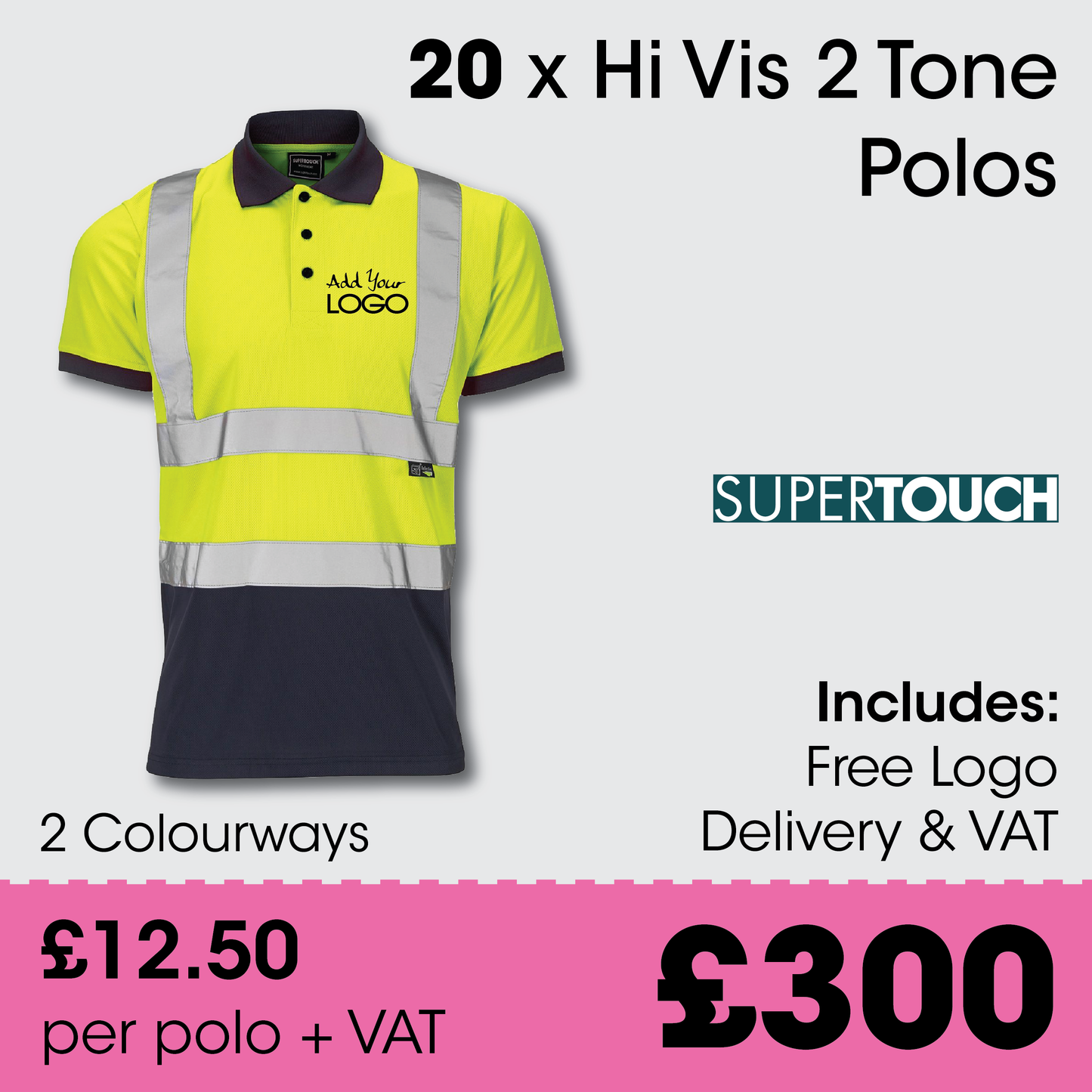 20 x Supertouch 2 Tone Hi Vis Polos + Free Logo & Delivery