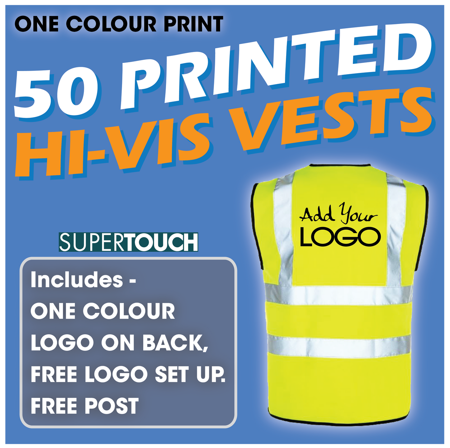 50 x Hi Vis Vest - Incl. 1 Colour Logo + FREE Delivery