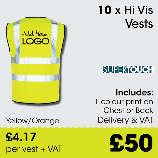 10 x Hi Vis Vest  - Incl. 1 Colour Logo + FREE Delivery