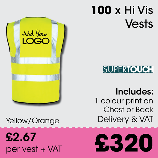 100 x Hi Vis Vest - Incl. 1 Colour Logo + FREE Delivery