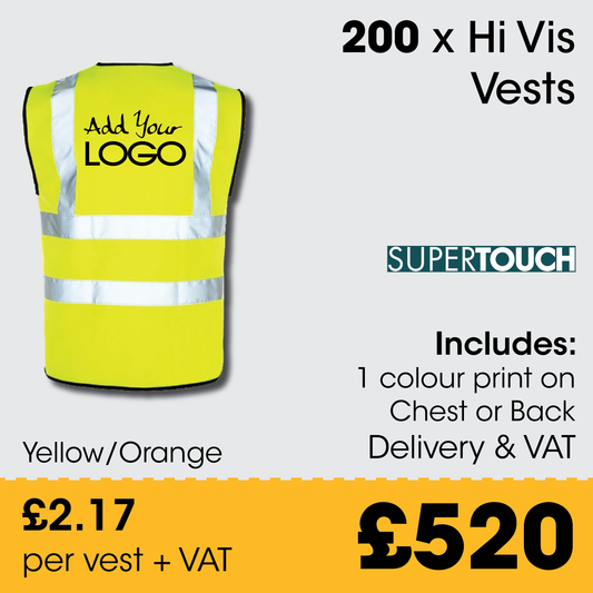 200 x Hi Vis Vest  - Incl. 1 Colour Logo + FREE Delivery