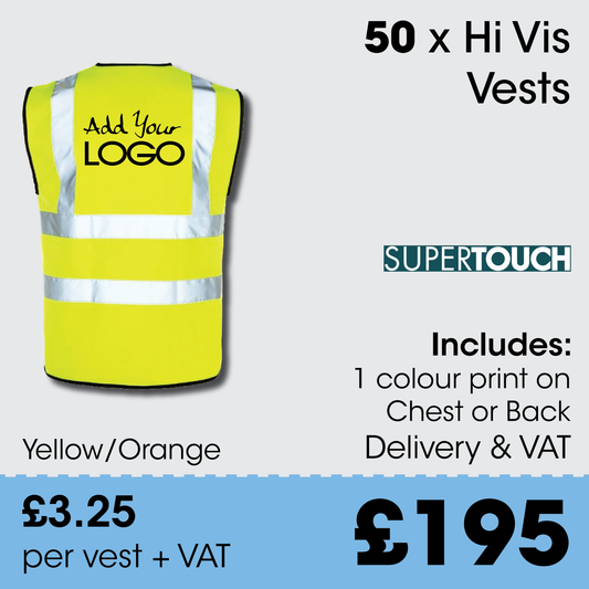 50 x Hi Vis Vest  - Incl. 1 Colour Logo + FREE Delivery