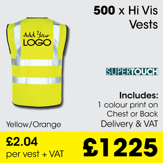 500 x Hi Vis Vest  - Incl. 1 Colour Logo + FREE Delivery