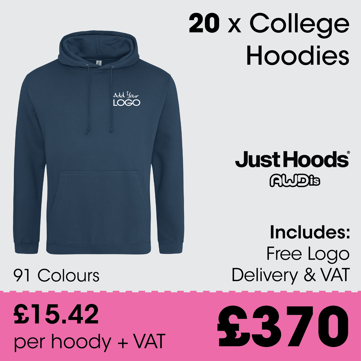 20 x AWDis College Hoodies - Incl. Logo + FREE Delivery