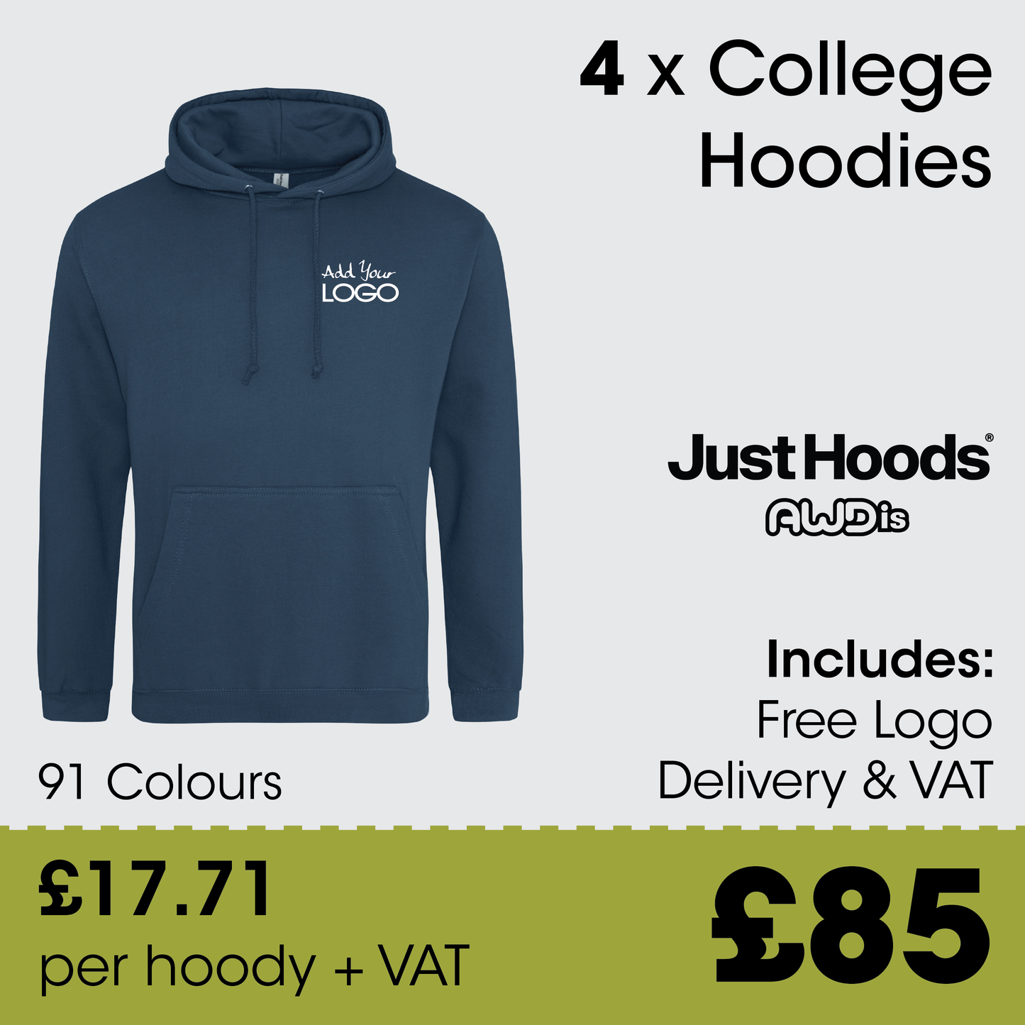 4 x AWDis College Hoodies  - Incl. Logo + FREE Delivery