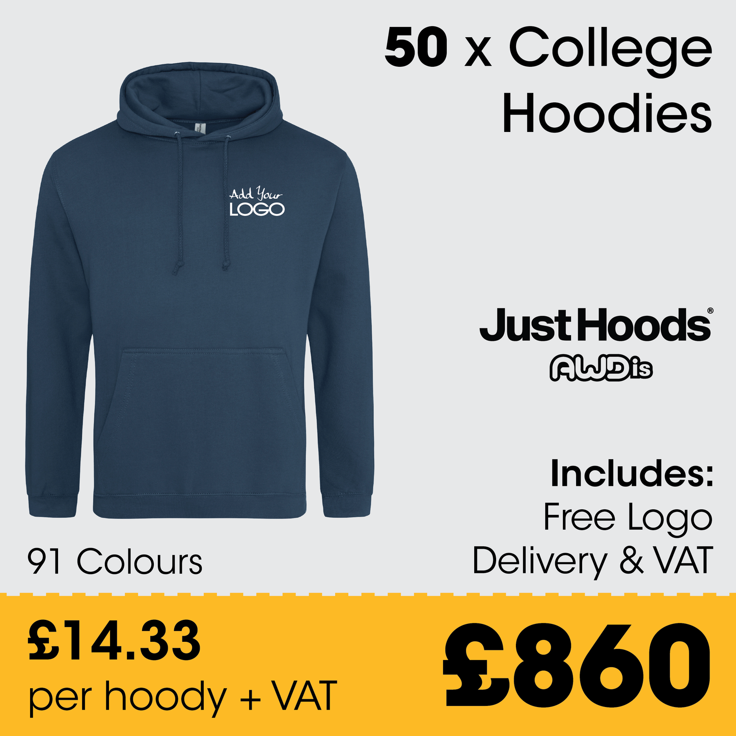 50 x AWDis College Hoodies - Incl. Logo + FREE Delivery