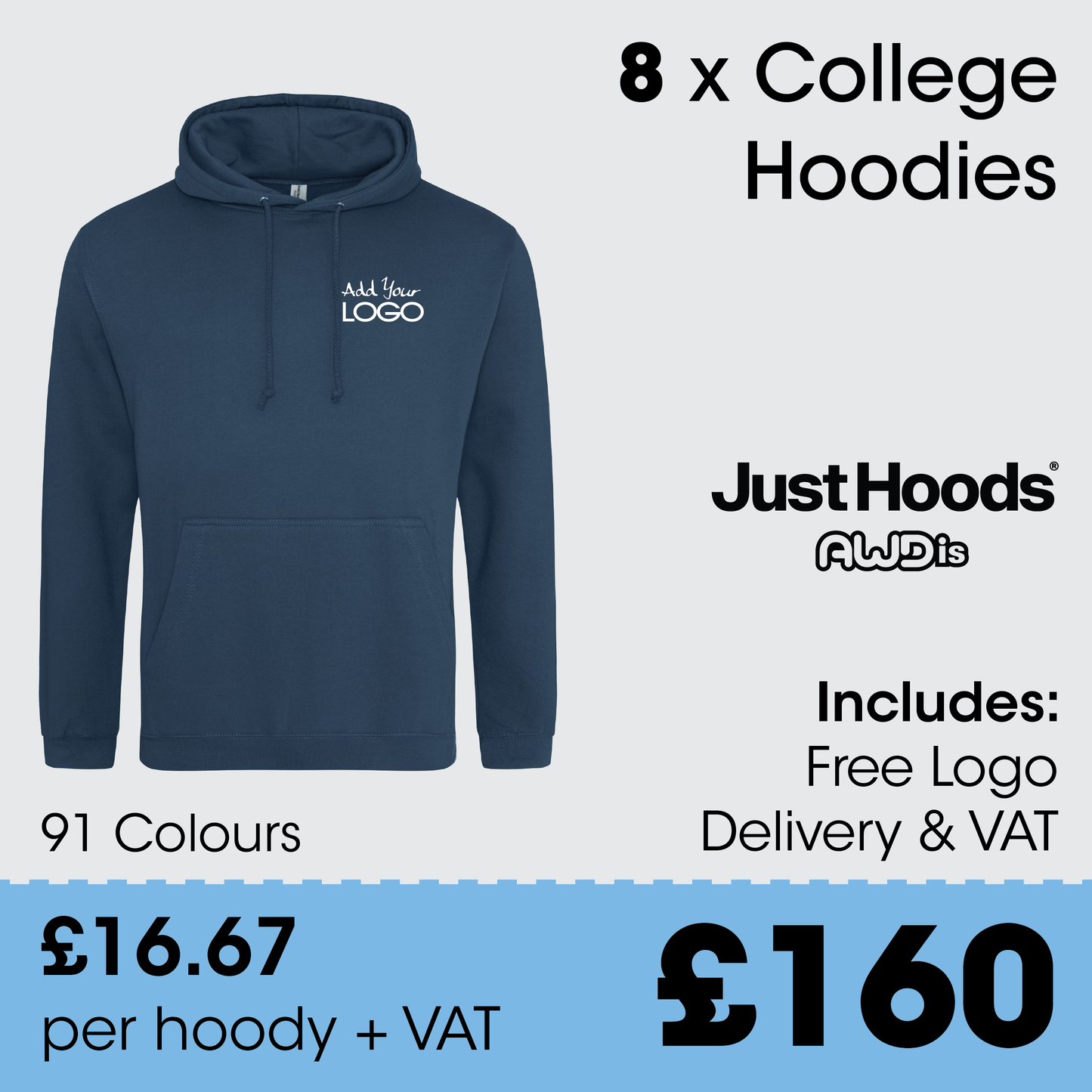 8 x AWDis College Hoodies - Incl. Logo + FREE Delivery