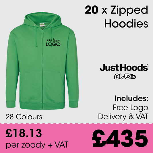 20 x AWDis Zipped Hoodies  - Incl. Logo + FREE Delivery