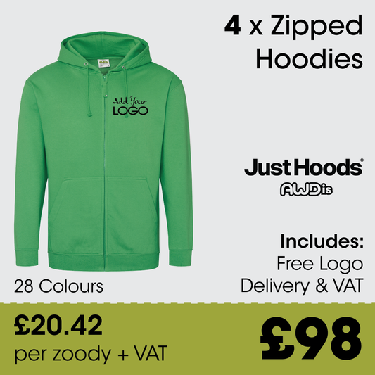4 x AWDis Zipped Hoodies  - Incl. Logo + FREE Delivery