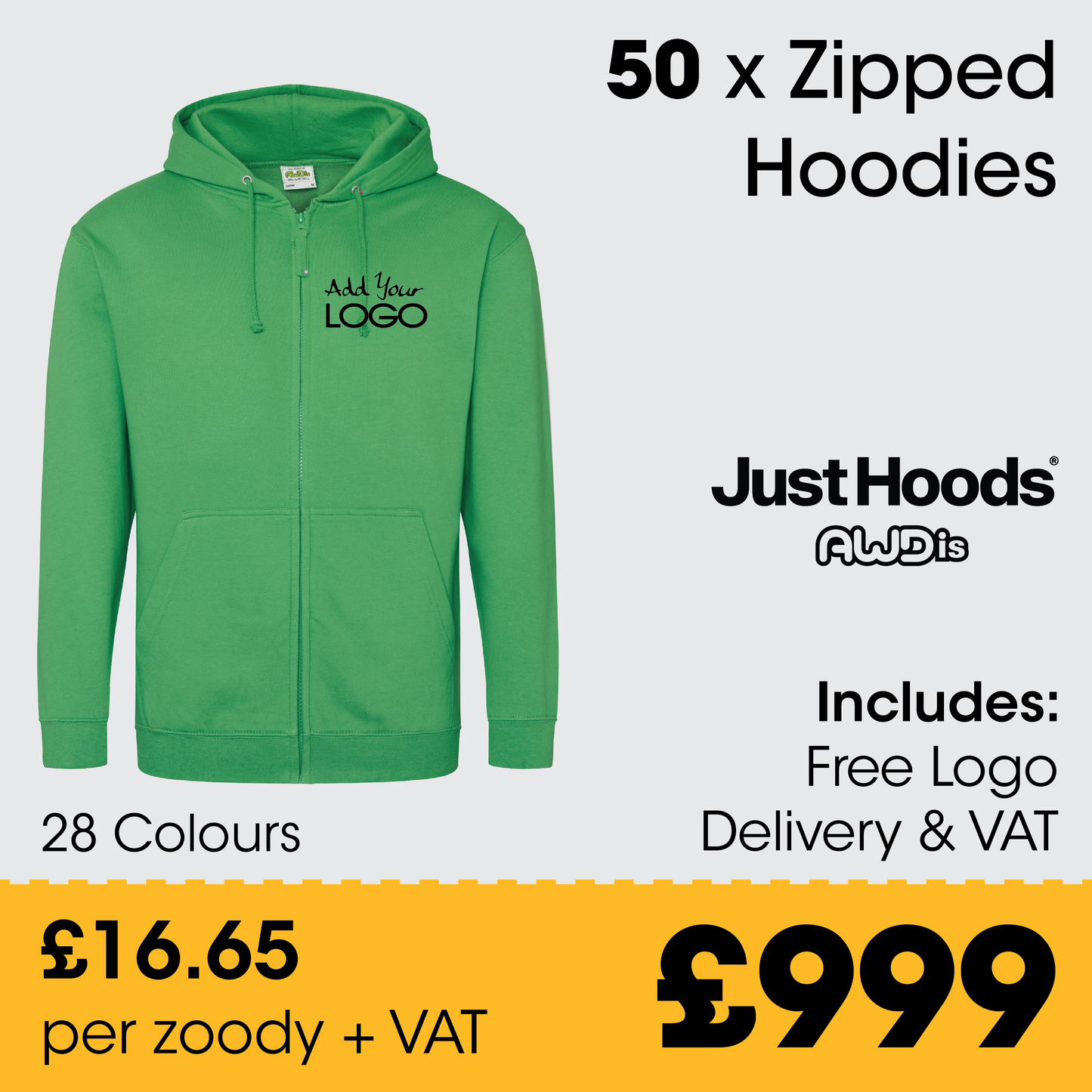 50 x AWDis Zipped Hoodies - Incl. Logo + FREE Delivery