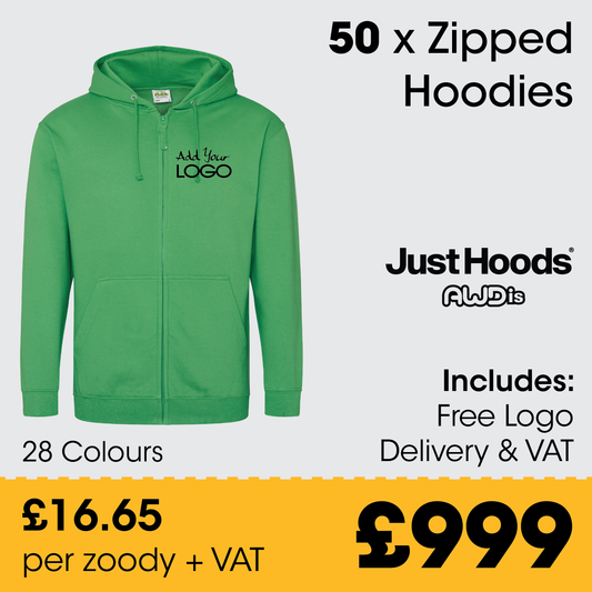 50 x AWDis Zipped Hoodies  - Incl. Logo + FREE Delivery