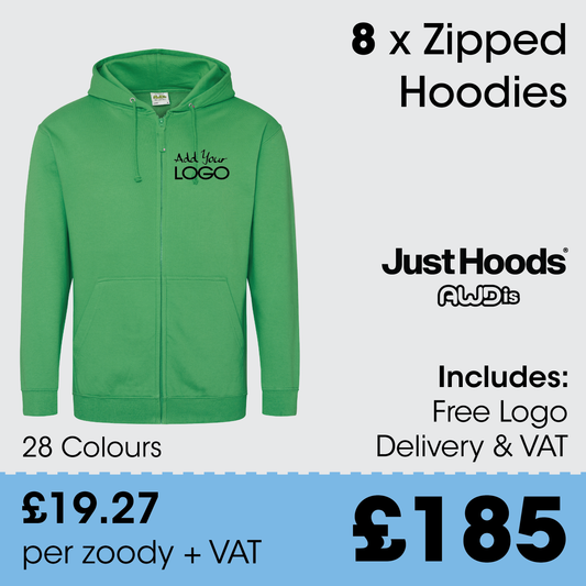 8 x AWDis Zipped Hoodies  - Incl. Logo + FREE Delivery