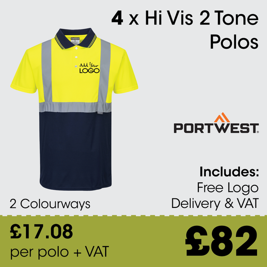4 x Portwest Hi Vis Polos + Free Logo & Delivery
