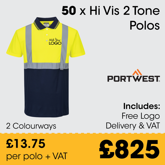 50 x Portwest Hi Vis Polos + Free Logo & Delivery