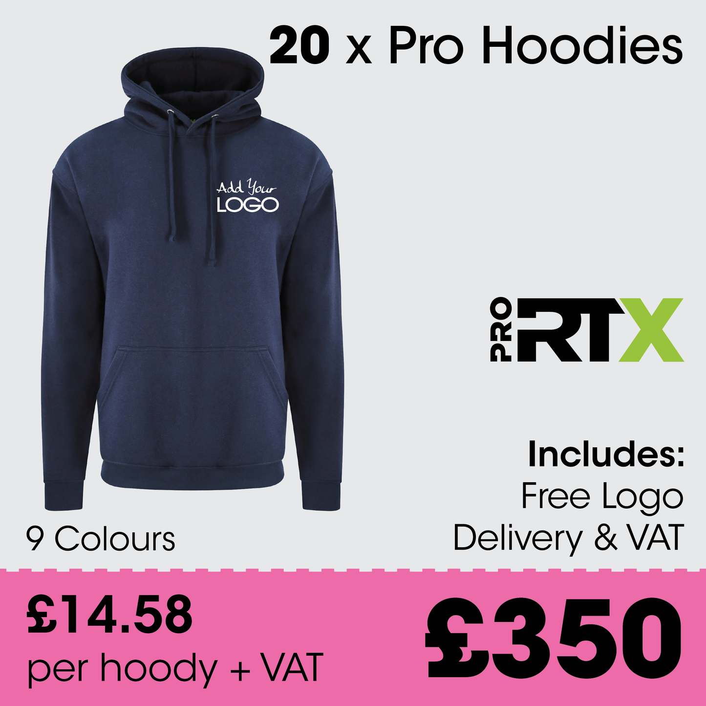 20 x PRORTX Pro Hoodies - Incl. Logo + FREE Delivery