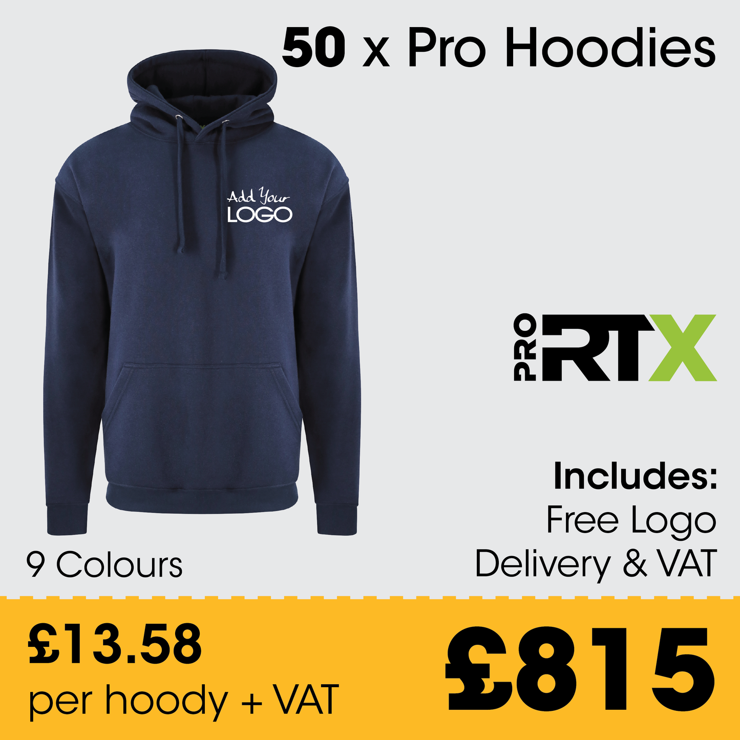 50 x PRORTX Pro Hoodies - Incl. Logo + FREE Delivery