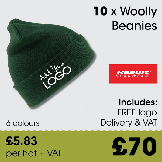 10 x Woolly Beanie Hats + Free Logo & Delivery