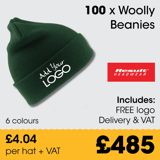 100 x Woolly Beanie Hats + Free Logo & Delivery