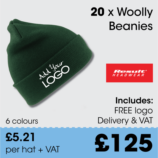 20 x Woolly Beanie Hats + Free Logo & Delivery