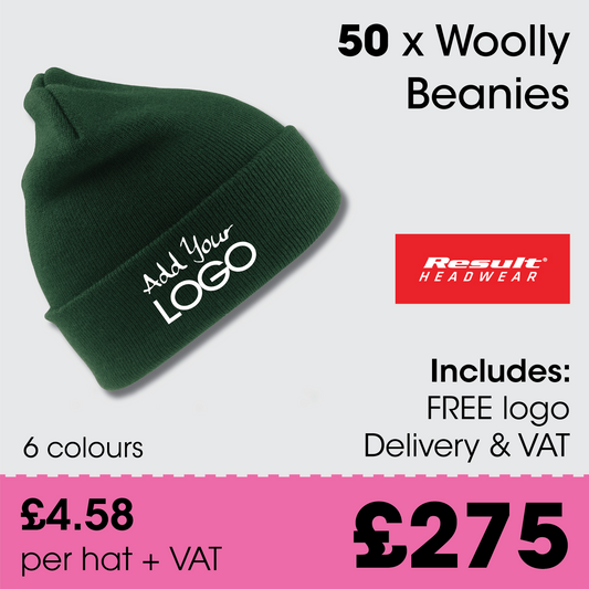 50 x Woolly Beanie Hats + Free Logo & Delivery