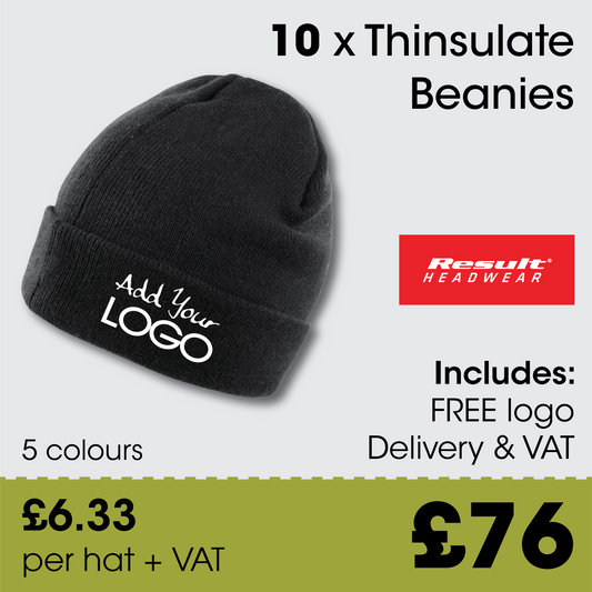 10 x Thinsulate Beanie Hats + Free Logo & Delivery