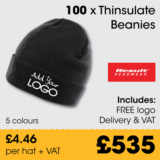 100 x Thinsulate Beanie Hats + Free Logo & Delivery
