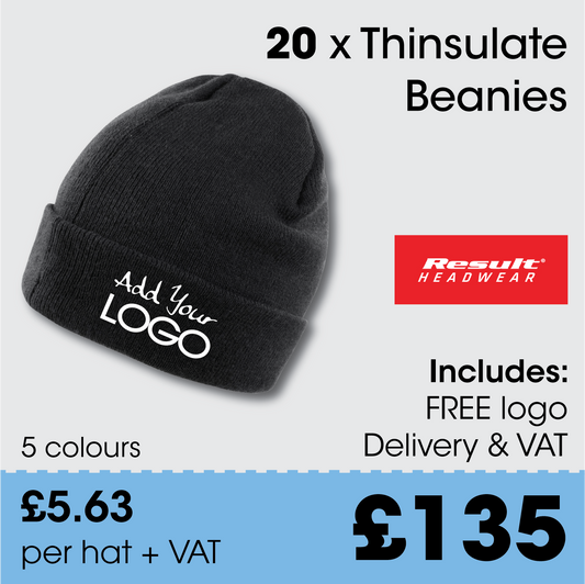 20 x Thinsulate Beanie Hats + Free Logo & Delivery
