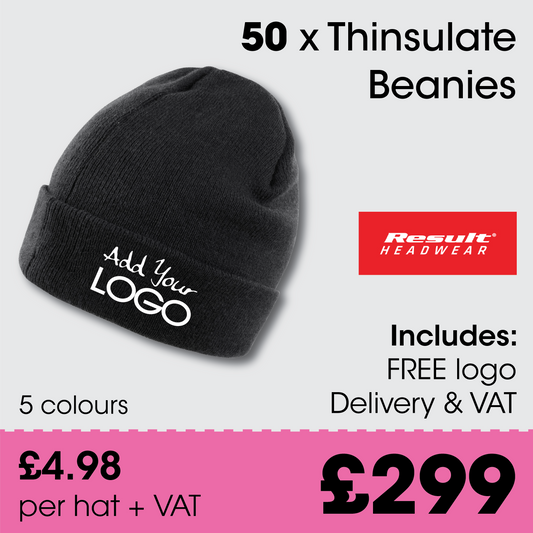 50 x Thinsulate Beanie Hats + Free Logo & Delivery