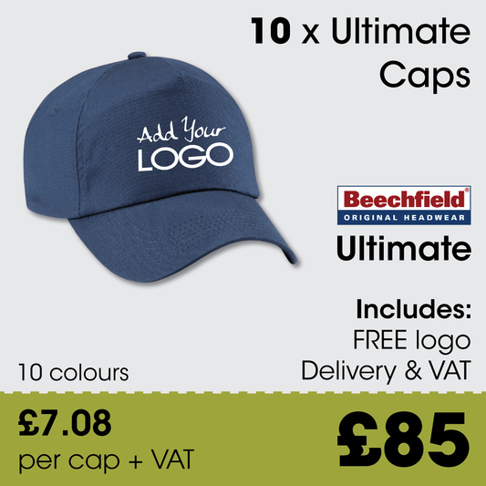 10 x Beechfield Ultimate Cap + Free Logo & Delivery