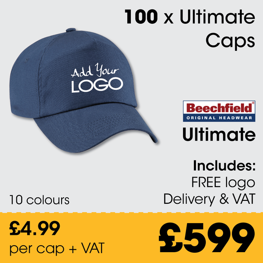 100 x Beechfield Ultimate Cap + Free Logo & Delivery