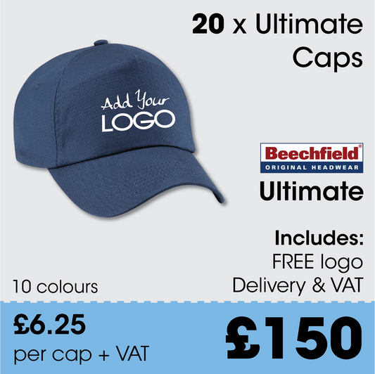 20 x Beechfield Ultimate Cap + Free Logo & Delivery