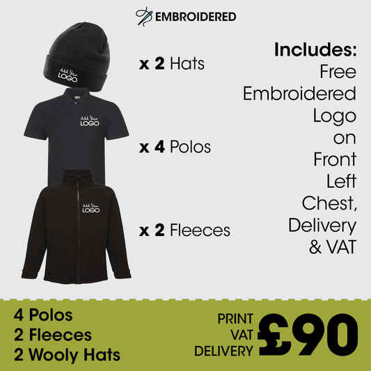 Workwear Bundle - 4 Polos, 2 Fleeces + 2 Hats. FREE LOGO & DELIVERY