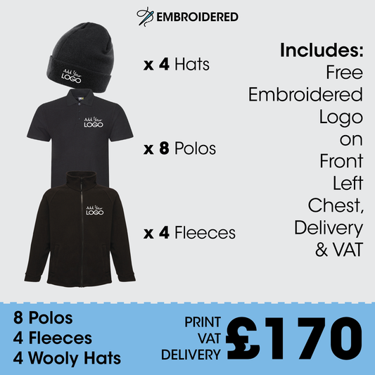 Workwear Bundle - 8 polos, 4 fleeces + 4 hats. FREE LOGO & DELIVERY