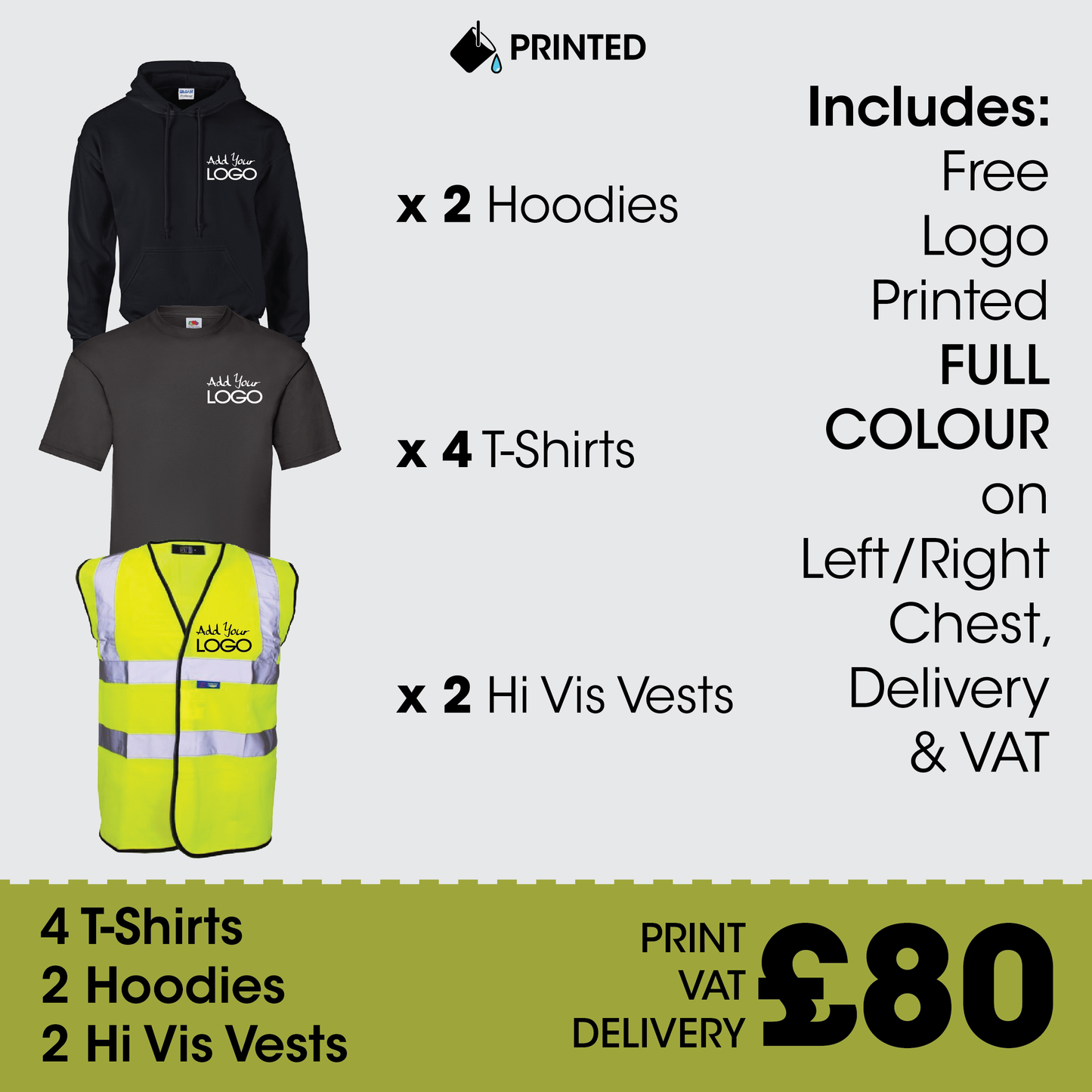 Workwear Bundle - 4 Tees, 2 Hoodies + 2 Hi Vis. FREE LOGO & DELIVERY