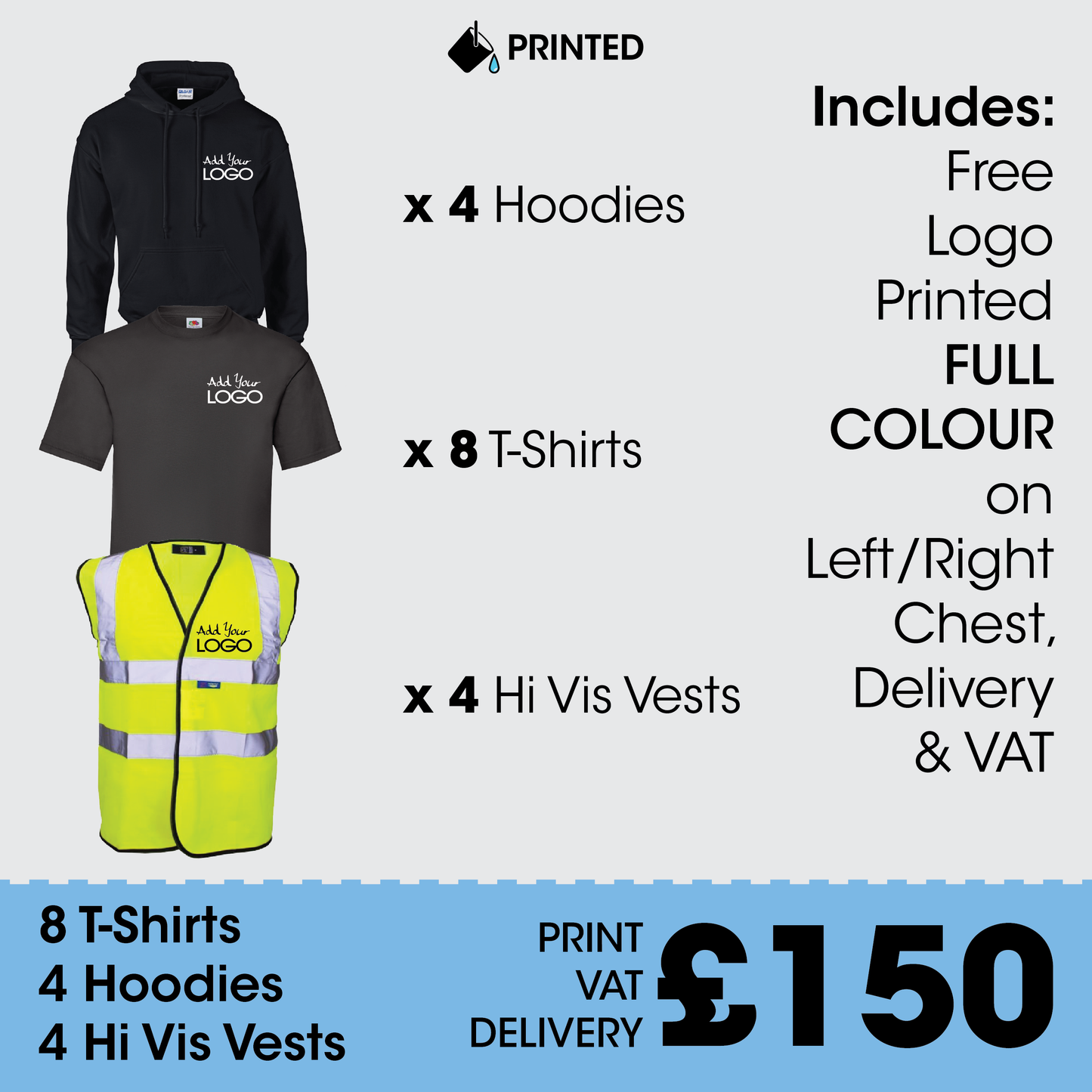 Workwear Bundle - 8 Tees, 4 Hoodies + 4 Hi Vis. FREE LOGO & DELIVERY