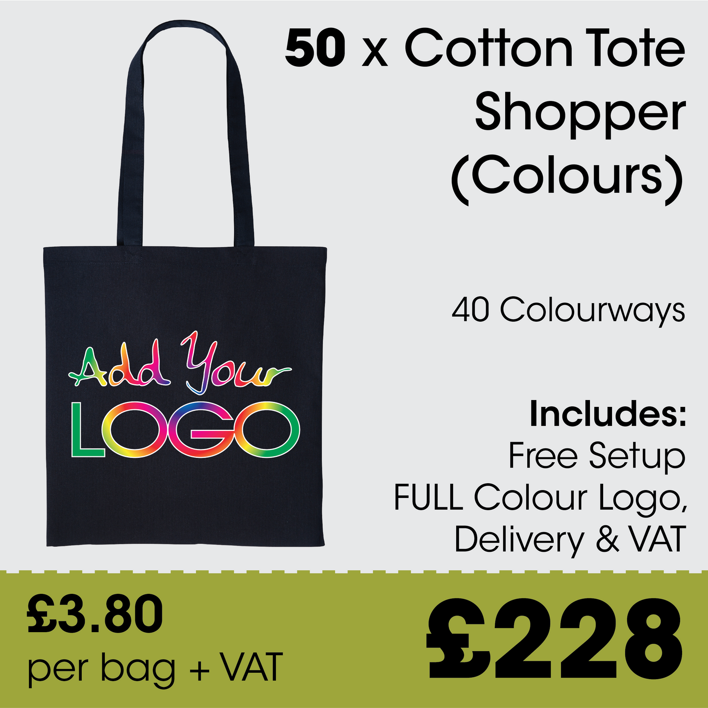 50 Coloured Cotton Shoppers including FULL colour print, VAT & DELIVERY