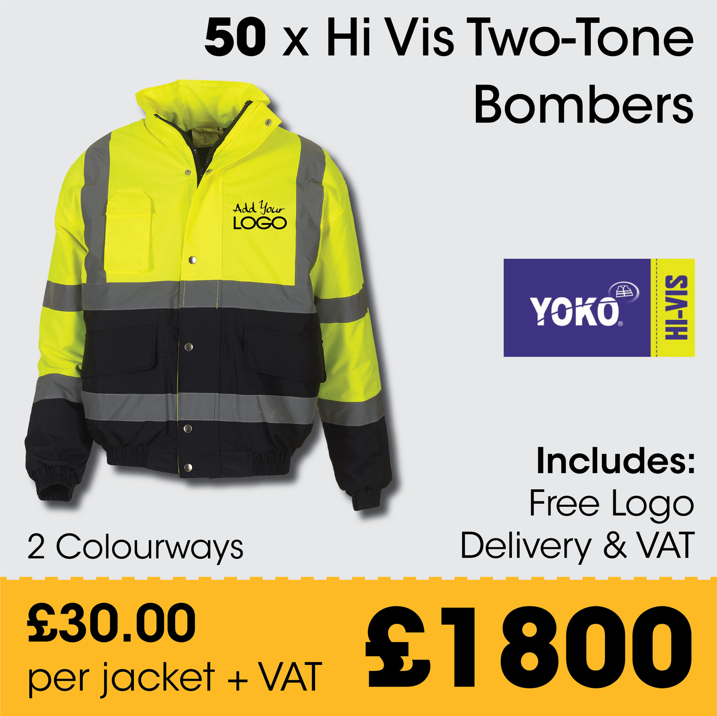 50 x YOKO Deluxe 2 Tone Bomber Jacket + FREE Print & Delivery
