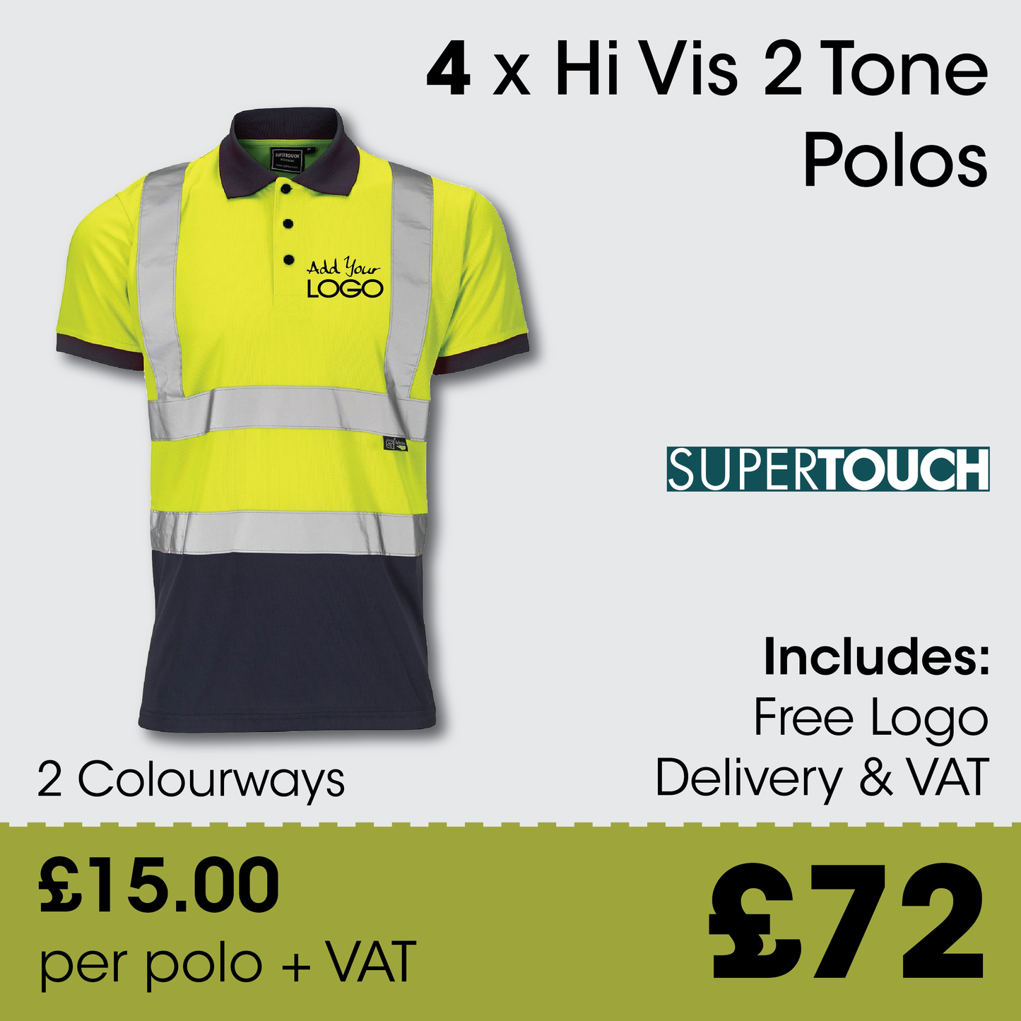 4 x Supertouch 2 Tone Hi Vis Polos + Free Logo & Delivery