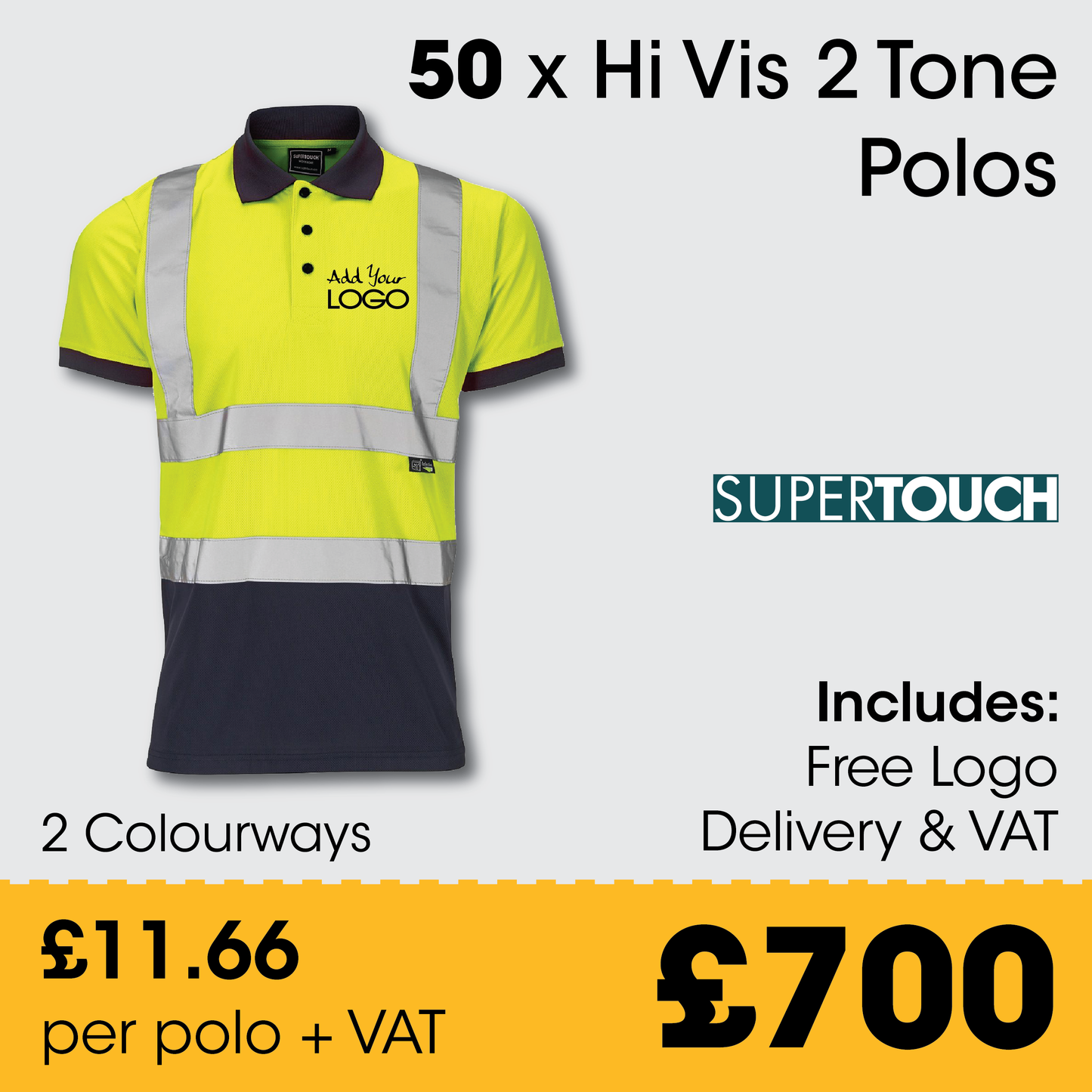 50 x Supertouch 2 Tone Hi Vis Polos + Free Logo & Delivery