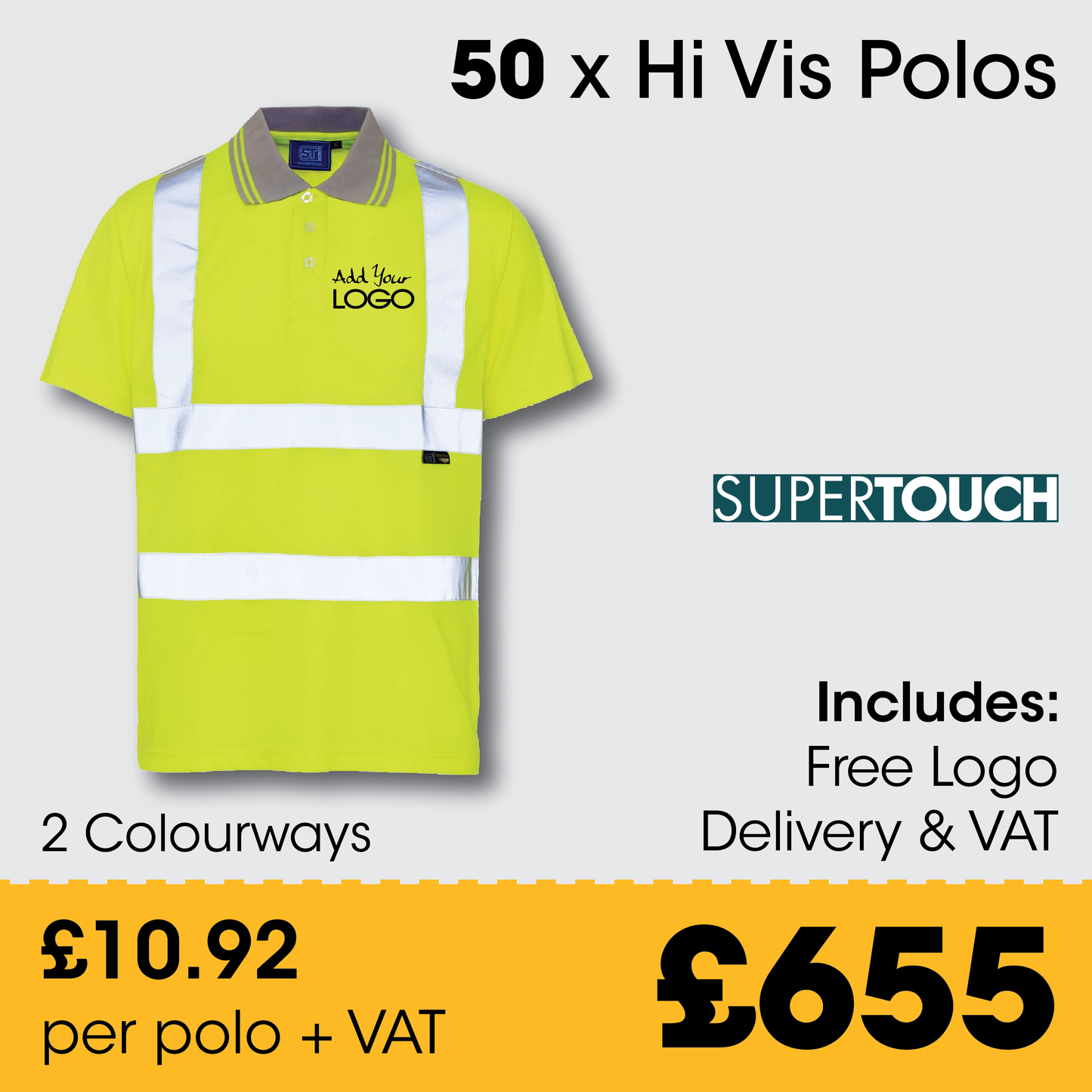 50 x Supertouch Hi Vis Polos + Free Logo & Delivery