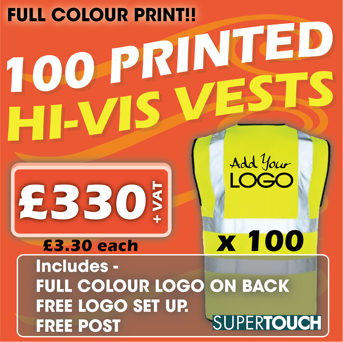 100 x Hi Vis Vest  - Incl. Full Colour Logo + FREE Delivery