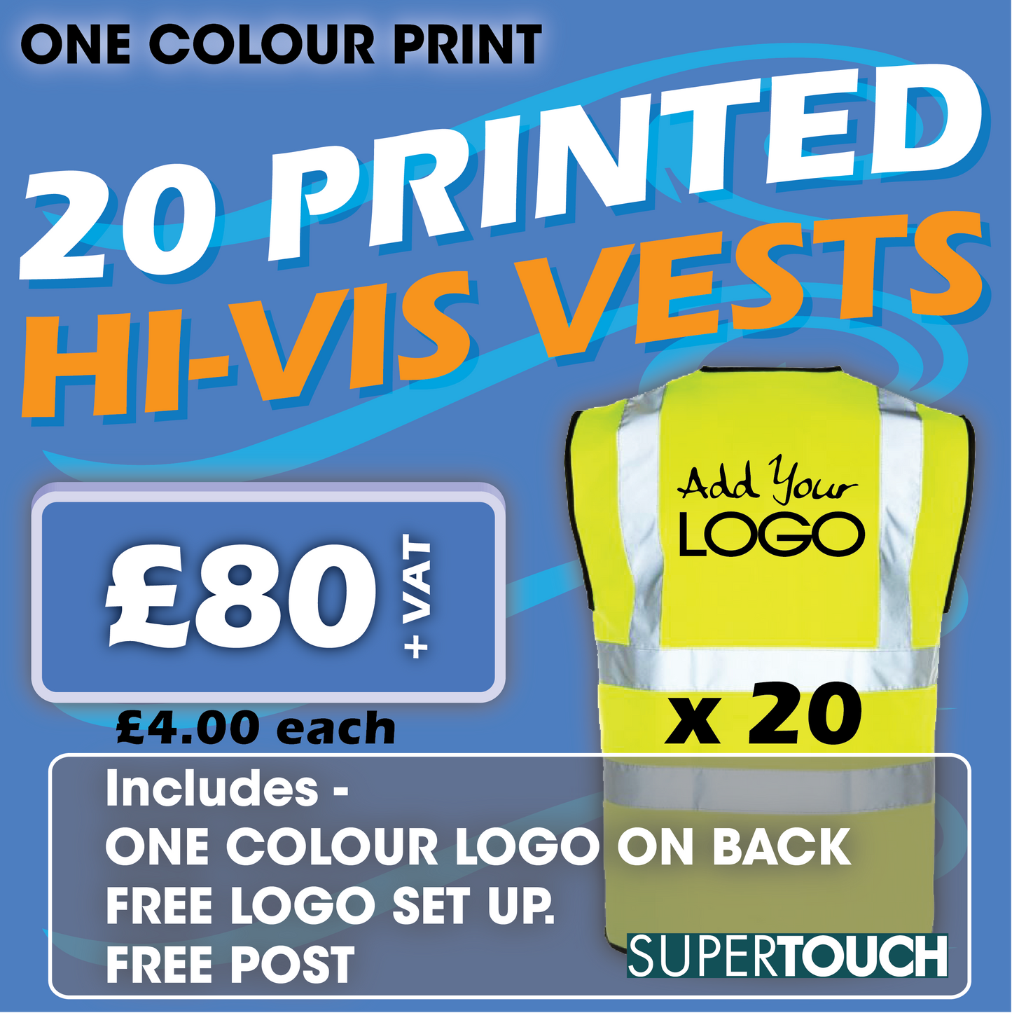 20 x Hi Vis Vest  - Incl. 1 Colour Logo + FREE Delivery