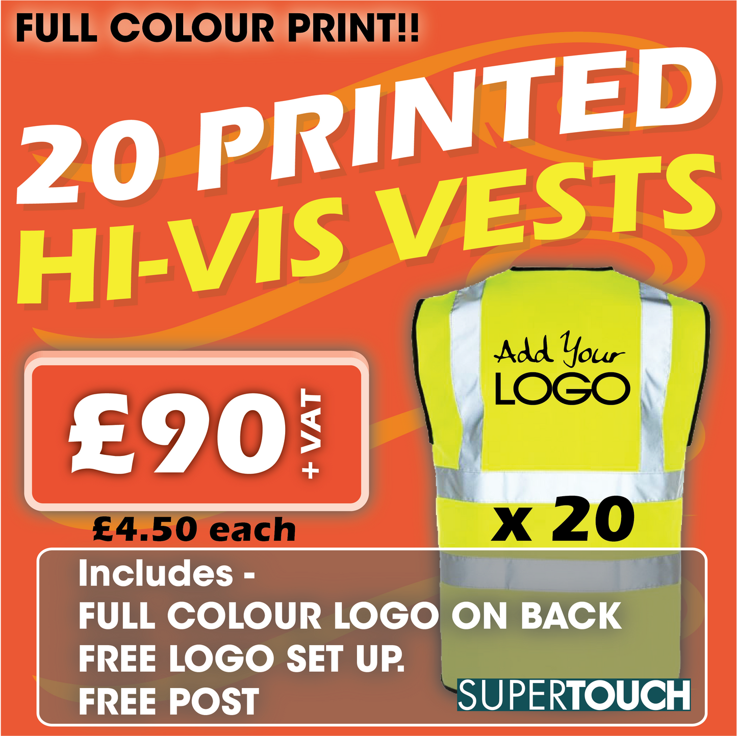 20 x Hi Vis Vest  - Incl. Full Colour Logo + FREE Delivery