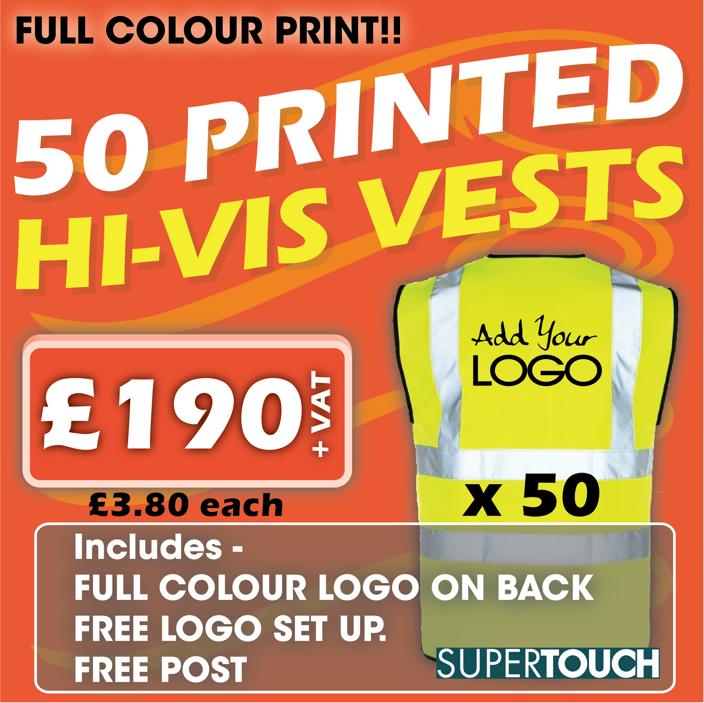 50 x Hi Vis Vest  - Incl. Full Colour Logo + FREE Delivery