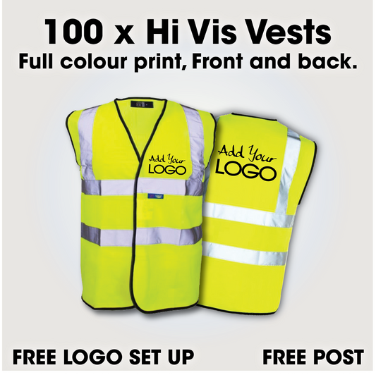 100 x Hi Vis Vest  - Incl. Full Colour Logo + FREE Delivery